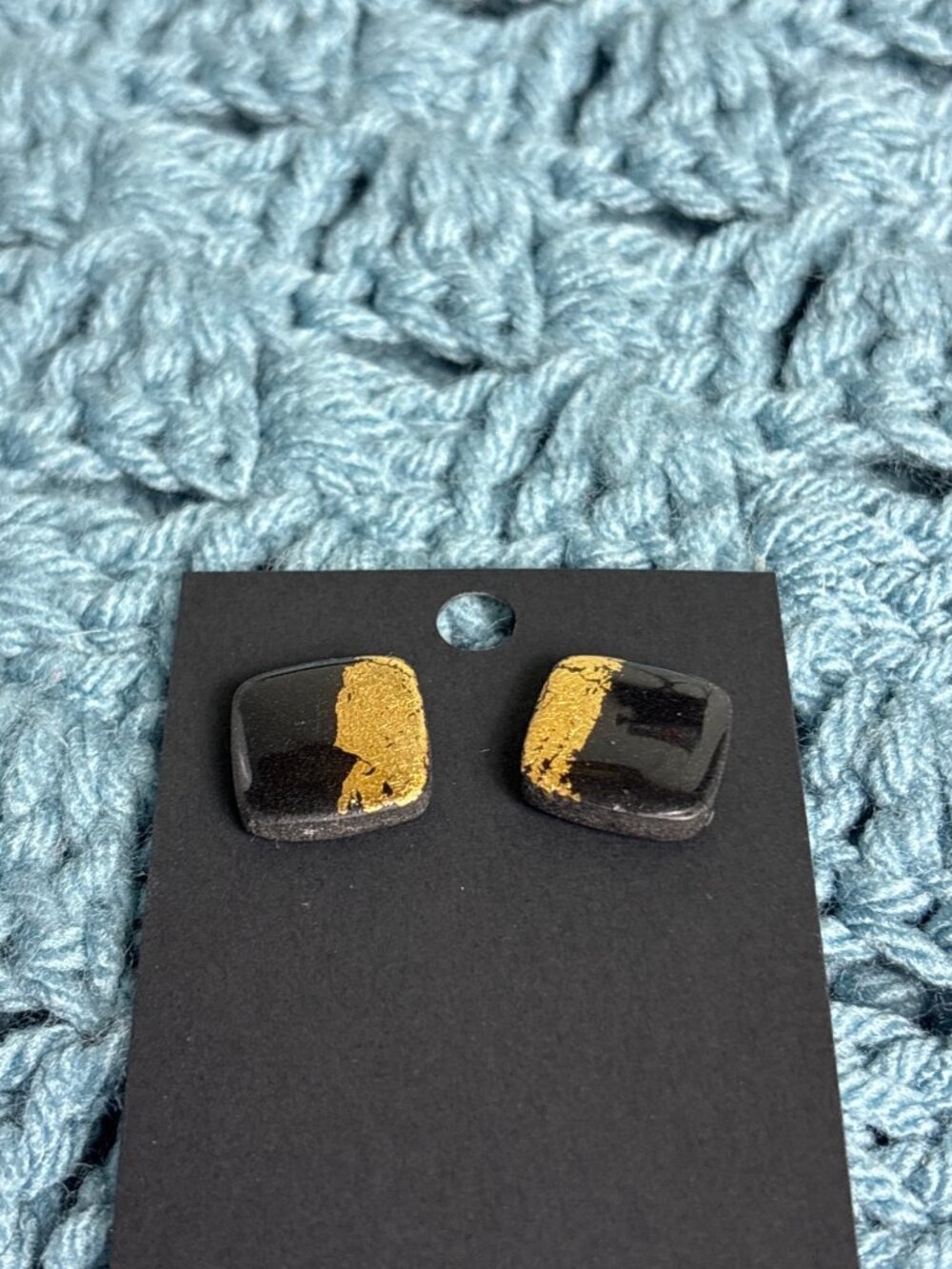 Black Goldtone Square Stud Earrings